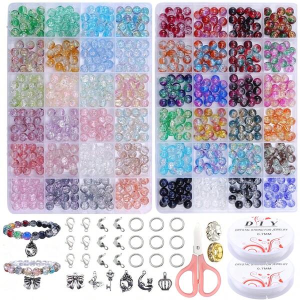 100/360/720 pièces perles de verre 8mm avec design craquelé, kit d'accessoires pour fabrication de bijoux, colliers et bracelets DIY