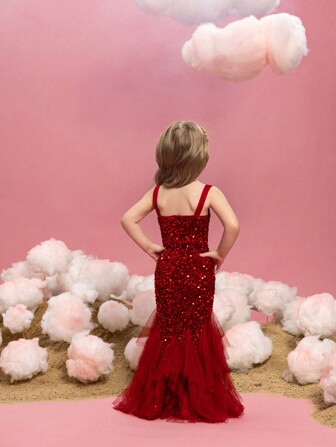 Ung Flicka Spaghetti Axelband Rygglös Elegant Mode Paljett Mesh Slipklänning