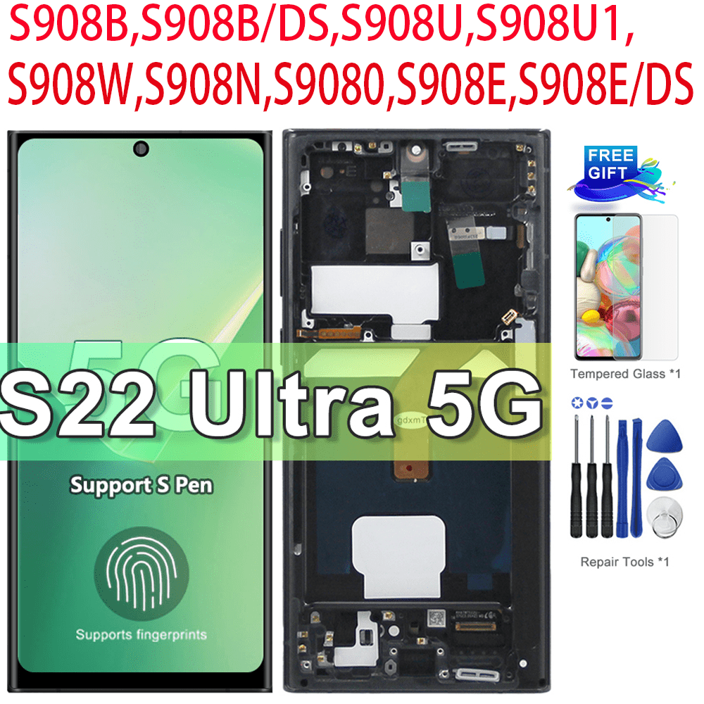 Screen Compatible With Samsung S22U, S22Ultra, S908B, S908B/DS, S908U, S908U1, S908W, S908N, S9080, S908E, S908E/DS, Universal OLED Quality, Free Tools Kit, Tempered Glass And Back Cover Included