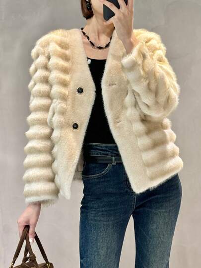 Fashionable V-Neck Mink Velvet Front Button Coat, For Autumn/Winter