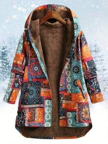 女士复古宽松花卉印花连帽外套，保暖内衬，休闲