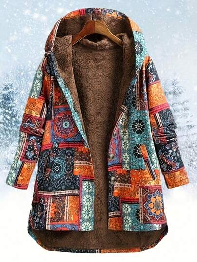 Women Vintage Loose Floral Print Hooded Coat With Thermal Lined, Casual