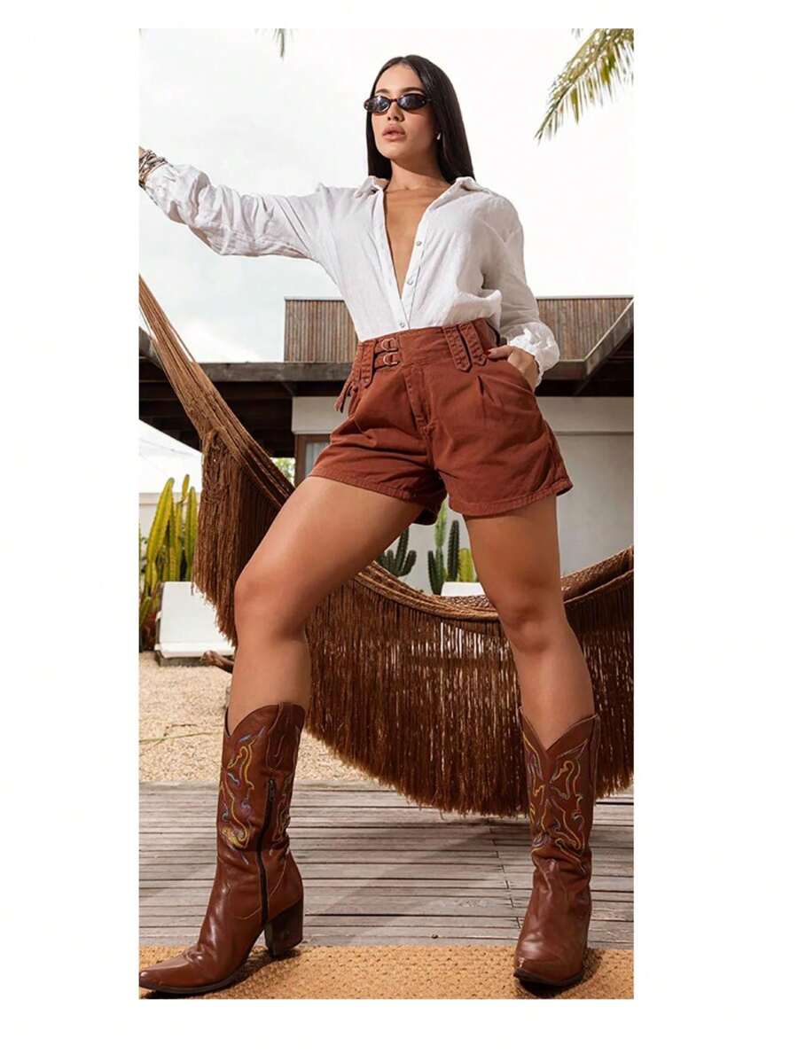 Women's High Waist Mom Twill Shorts With Waistband Detail - 鏽棕色 - 查看 1