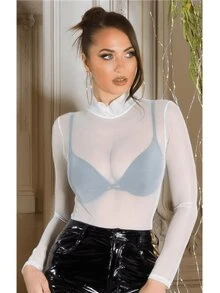 Body para mujer pantiblusa blusa con manga larga y cuello medio de malla transparente Blanco - Blanco - Ver 1