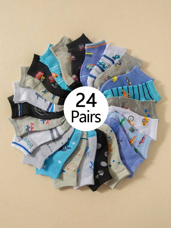 24 paires Chaussettes de cheville respirantes avec impression d'animaux de bande dessinée et de voiture pour garçons, style casual et sportif pour un port quotidien, style/couleur aléatoires