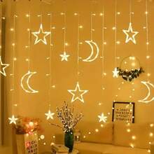 Luces de cadena con estrellas y lunas, operadas con batería con control remoto, luces de cortina LED, guirnalda solar, luces LED con estrellas y lunas, para decoración de Ramadán, dormitorio, boda nórdica, fiesta, jardín, camping, patio, decoración navideña, interior y exterior, decoración del hogar, decoración de fiestas, decoración de vacaciones, regalo de Navidad, adornos del árbol de Navidad
