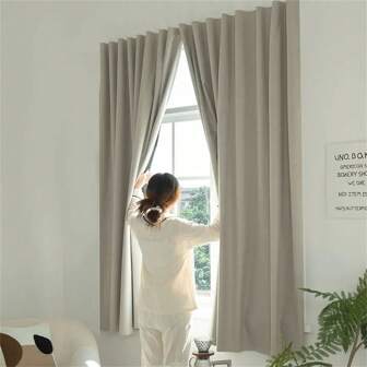 Bedroom Blackout Curtains, Home Thermal Insulation And Sunshade Curtains, No Need To Drill Holes, Window Decoration, Solid Color, Simple Style, Suitable For All Seasons, With Sunshade Coating, Sound Insulation, Noise Reduction, Blackout Cloth