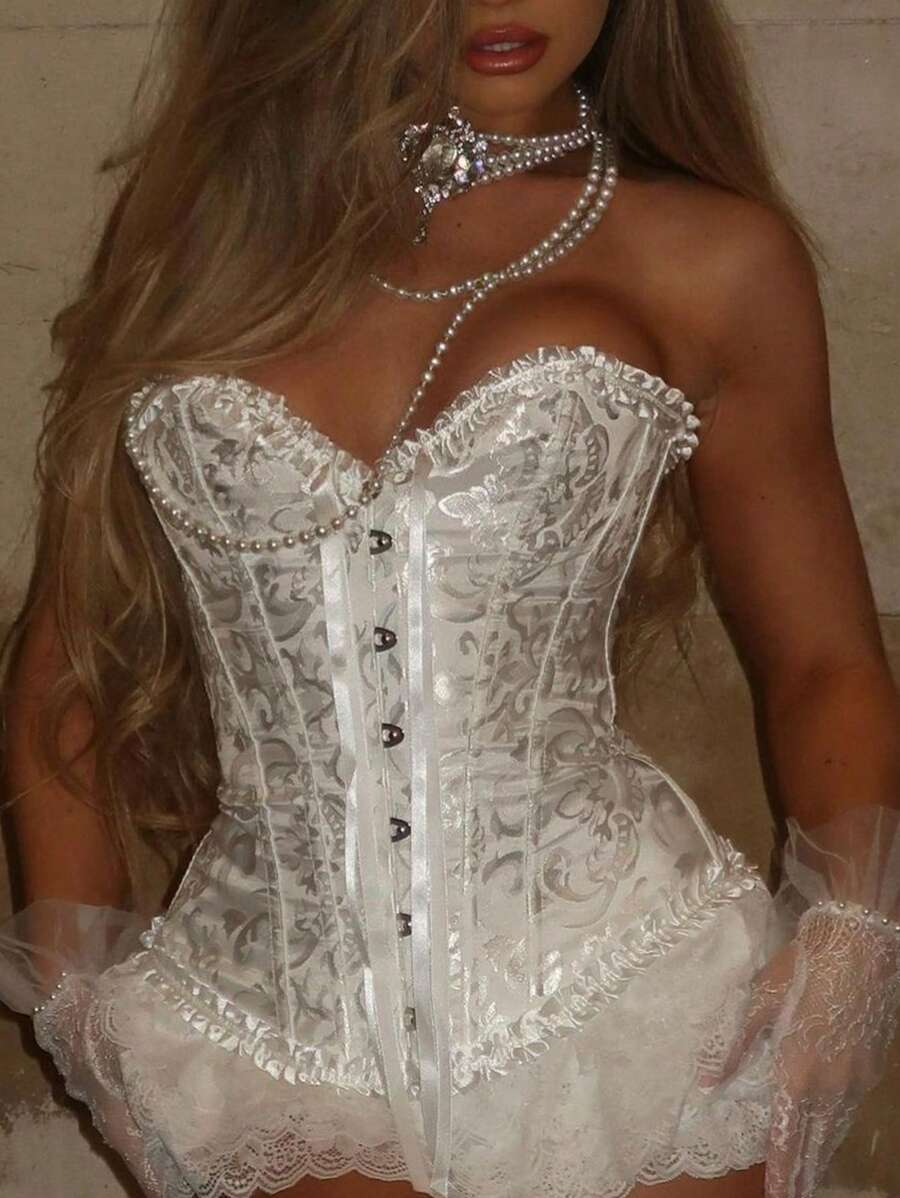 Apperloth A Áo corset kiểu Y2K lãng mạn với họa tiết jacquard, viền bèo nhún phối màu tương phản, buộc dây phía trước, gọng nâng ngực phía sau, kết hợp với quần lọt khe, thích hợp cho ngày Valentine, tiệc tùng, lễ hội âm nhạc, mùa cưới. - trắng - Xem 1