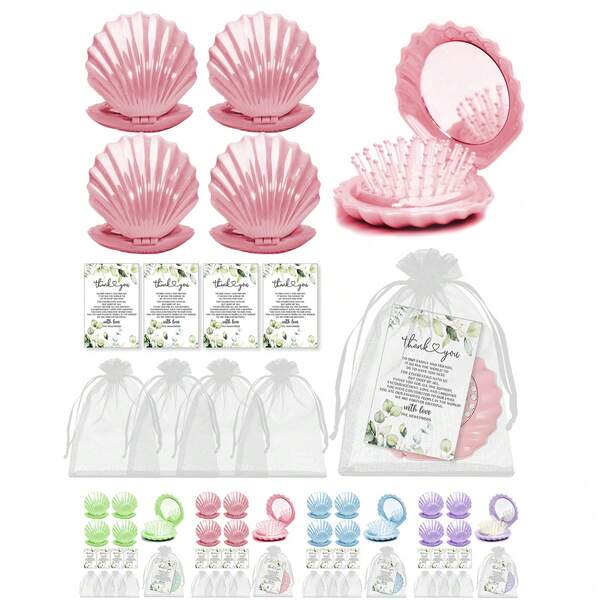 12 pezzi Set regalo per damigelle d'onore con spazzola per capelli pieghevole portatile con specchio a forma di conchiglia, pettine per capelli e massaggiatore, specchio per il trucco e pettine con sacchetto in garza e biglietto di ringraziamento, adatto per addio al nubilato, souvenir per damigelle e piccoli regali per feste di matrimonio