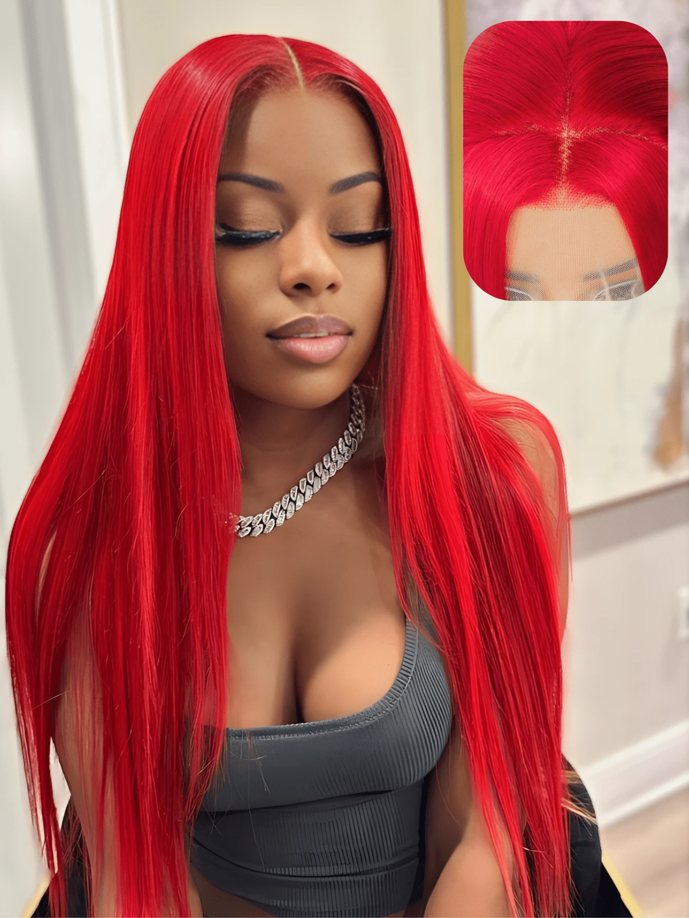 SALLYWELL Lace Front Wigs Straight Hair Glueless Lace Wigs Synthetic Long Silk Straight Natural Wig Heat Resistant Fiber Dark Root Ombre Red Colorful Wig 24 Inches - 紅色 - 查看 1