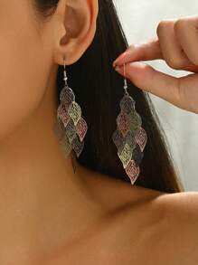 1 对时尚韩国复古风格随机颜色镂空叶流苏耳坠耳环女士 - 棕綠色 - 查看 2