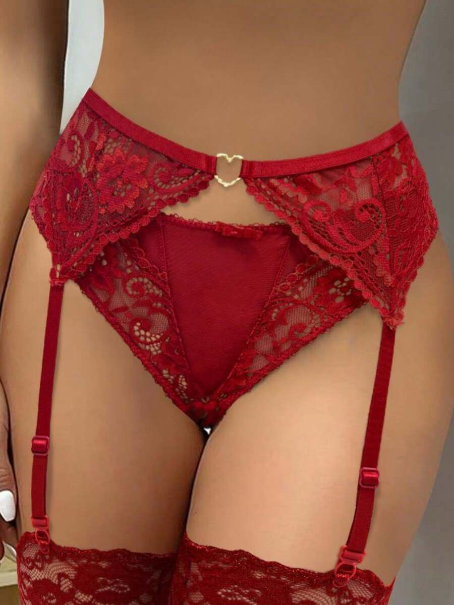 Portaligas de malla para mujer con 4 tirantes de clip para medias muslo color negro - Rojo - Ver 1