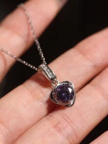 1 件 925 纯银镀白金心形方晶锆石项链吊坠配锁骨链，适合女性/女孩的奢华礼物，适合日常佩戴和约会，2 种颜色可选 - 紫色 - 查看 2