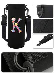 1pc Pink Floral & Letter Print Insulated Water Bottle Sleeve, Fits 550ml/750ml/1000ml/1500ml Bottles, Made Of Waterproof Nylon With Adjustable Strap, Suitable For Hiking, Camping, Sports - Black - View 7
