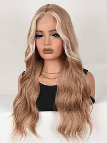 女士长波浪假发 挑染假发 自然波浪 合成蕾丝假发 自然假发 24 英寸 耐热假发 适合日常 - 挑染金色 - 查看 1