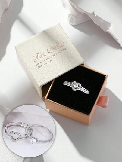 2pcs/Set Women's Ring Set, Heart-Shaped Cubic Zirconia Micro-Inlaid Silver Wedding Engagement Anniversary Gift