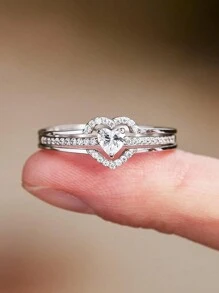 2件套女士戒指套装，心形立方氧化锆微镶嵌银戒指，结婚订婚周年纪念礼物 - 銀色 - 查看 2