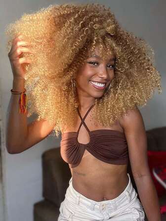 10-16英寸渐变金色卷发假发，蓬松合成假发，适合春季，短刘海假发，耐热纤维刘海假发，高密度时尚角色扮演假发