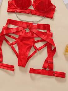 Damen Sexy Dessous Set, Bügel-Push-Up-BH, Strumpfhalter Set mit Kette - Rot - Übersicht 3