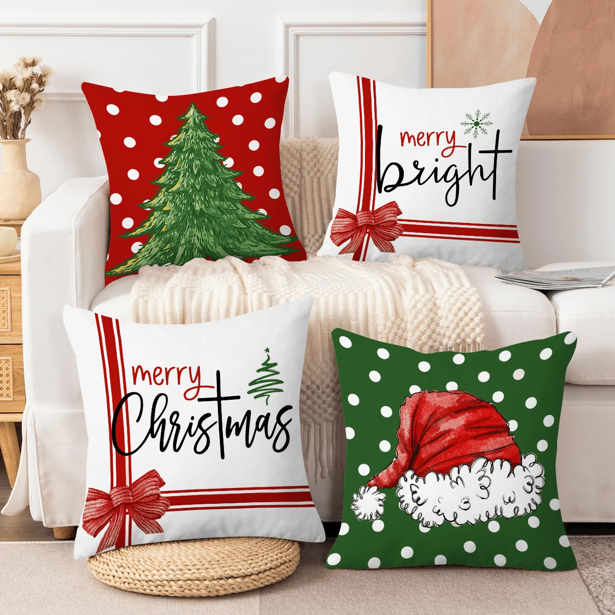 4 件圣诞树，蝴蝶结图案靠垫套，现代涤纶方形枕套腰枕套，适用于圣诞节小屋装饰、沙发、客厅家居装饰、节日快乐、冬季 - 彩色 - 查看 1