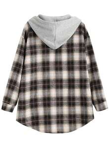 女士格子印花保暖内衬连帽休闲长袖夹克
