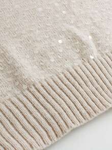 Crew Neck Sequin Embellished Long Sleeve Knit Pullover Top, Casual Solid Color Autumn/Winter - Apricot - View 7