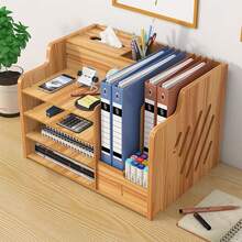 Wooden Office Desk Organizer With File Rack & Pen Holder, Multi-Functional Desktop Storage Cabinet For A4 Documents, Stationery, Mobile Phone, Home Office & Back To School Supplies - Yellow - View 8