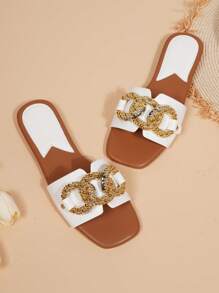 Sandalias planas tipo chanclas con puntera cuadrada, nuevas para primavera/verano 2023, con decoración perlada y transparente para mujeres - Blanco - Ver 2