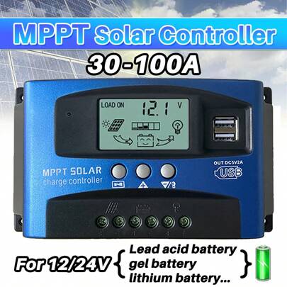 1 件 MPPT 太阳能充电控制器 100A 60A 30A，12V/24V 太阳能电池板智能调节器，带可调 LCD 显示屏双 USB 端口定时器设置自动参数