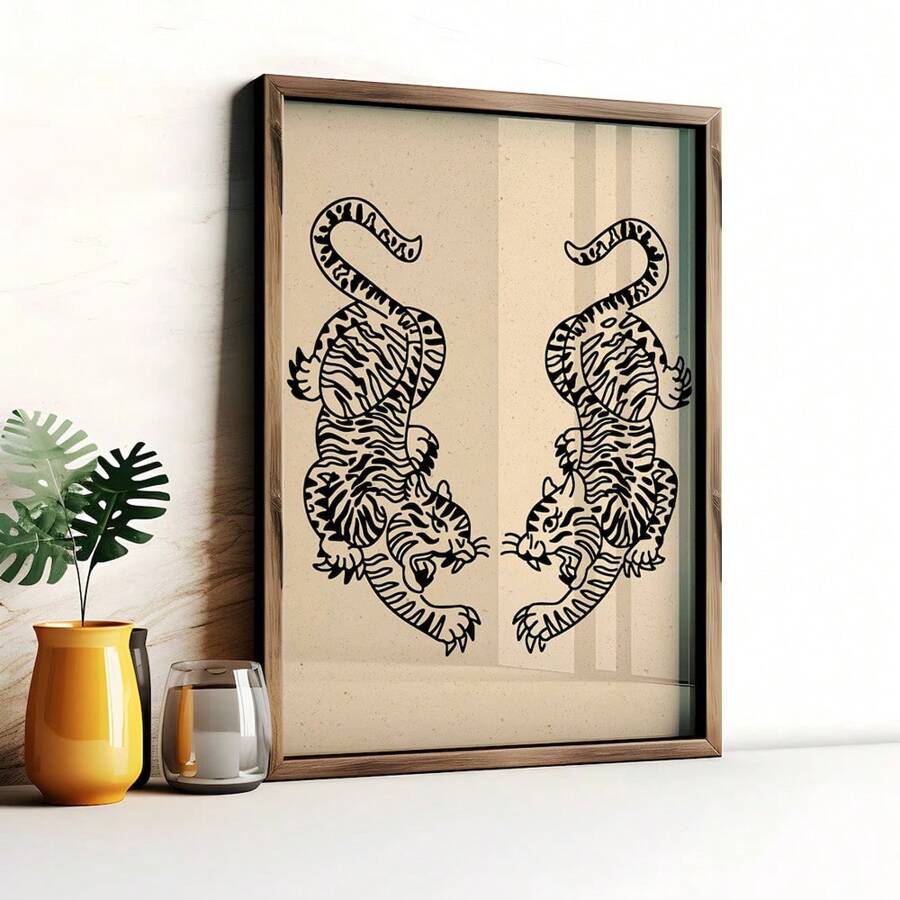 1幅带框/不带框复古抽象老虎日式艺术海报,Y2K复古油画帆布印刷品,极繁主义墙面艺术,宿舍、卧室、公寓、客厅、家居装饰的理想礼物 - 彩色 - 查看 1