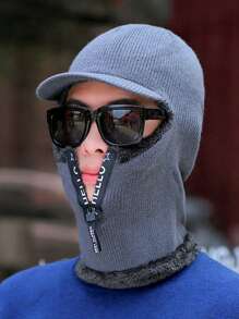 （请注意，内衬毛绒颜色随机，可能与图片所示颜色不完全一致）男士秋冬加厚保暖针织帽，带拉链，时尚百搭，适合户外骑行和滑雪。（注意：请勿将拉链拉至顶部，以免拉链脱落）休闲款 - 黑色 - 查看 7