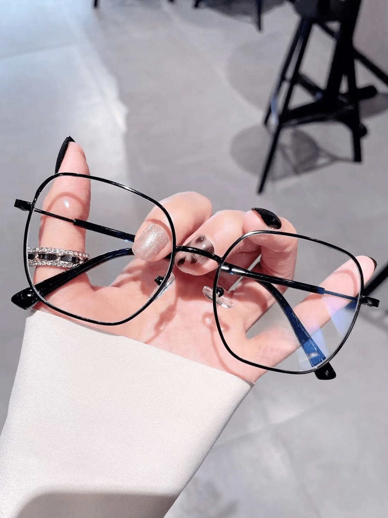 1 件金属方形休闲经典通勤复古眼镜 - 黑色 - 查看 1