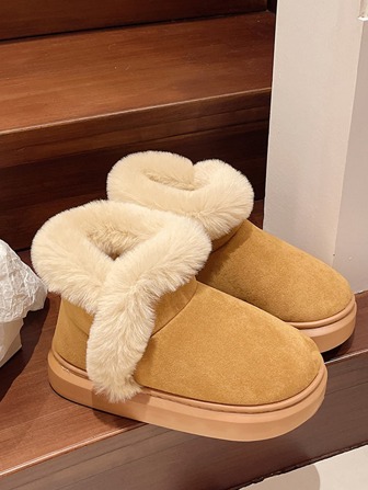 女士厚底保暖内衬休闲一脚蹬鞋，时尚韩版拖鞋，秋冬保暖，皮草靴