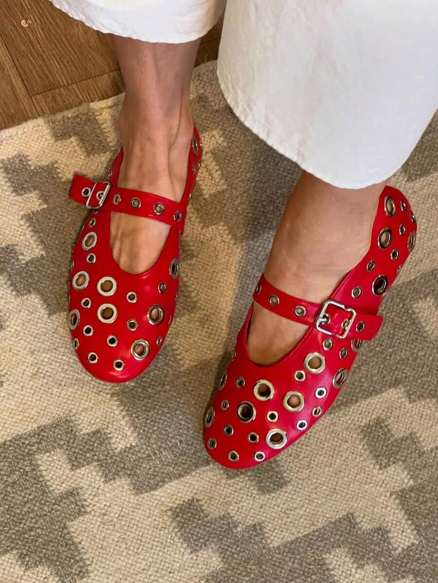 Ballet Flats For Women Mesh Metallic Eyelet Mary Jane Flats Perforated Buckle Strap Ballerina Flat Shoes - Red - View 1