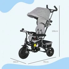 Triciclo per Bambini 18+ Mesi Pieghevole con Seduta Imbottita, Maniglione e Cestino - Grigio Scuro - Visualizzare 3