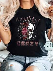 CRAZY Skull And Flower Print Short Sleeve T-Shirt - 黑色 - 查看 1