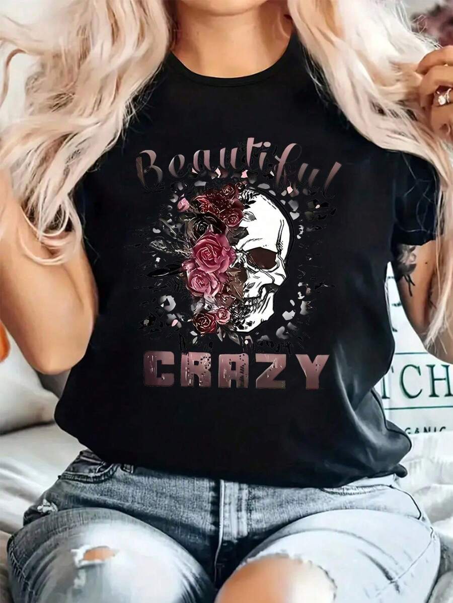 CRAZY Skull And Flower Print Short Sleeve T-Shirt - 黑色 - 查看 1
