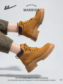 WARRIOR Women's Outdoor Lace-Up Boots, Fashion Comfortable Leather Upper Durable Soft Sole Anti-Slip High-Top Travel Hiking Work Boots - Yellow - View 5