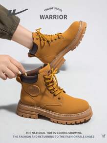 WARRIOR Women's Outdoor Lace-Up Boots, Fashion Comfortable Leather Upper Durable Soft Sole Anti-Slip High-Top Travel Hiking Work Boots - Yellow - View 4