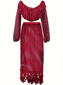 时尚夏季沙滩新款镂空性感网纱流苏透视两件套连衣裙，女士红色连衣裙，女士春季套装 - 酒紅色 - 查看 2