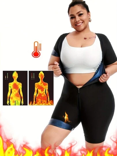 大码塑形紧身裤 - 塑形提拉，防滑设计，前拉链，短袖，舒适运动紧身裤，适合跑步、瑜伽和日常穿着 - 高品质透气吸湿面料