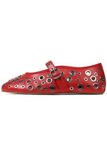 Ballet Flats For Women Mesh Metallic Eyelet Mary Jane Flats Perforated Buckle Strap Ballerina Flat Shoes - Red - View 7