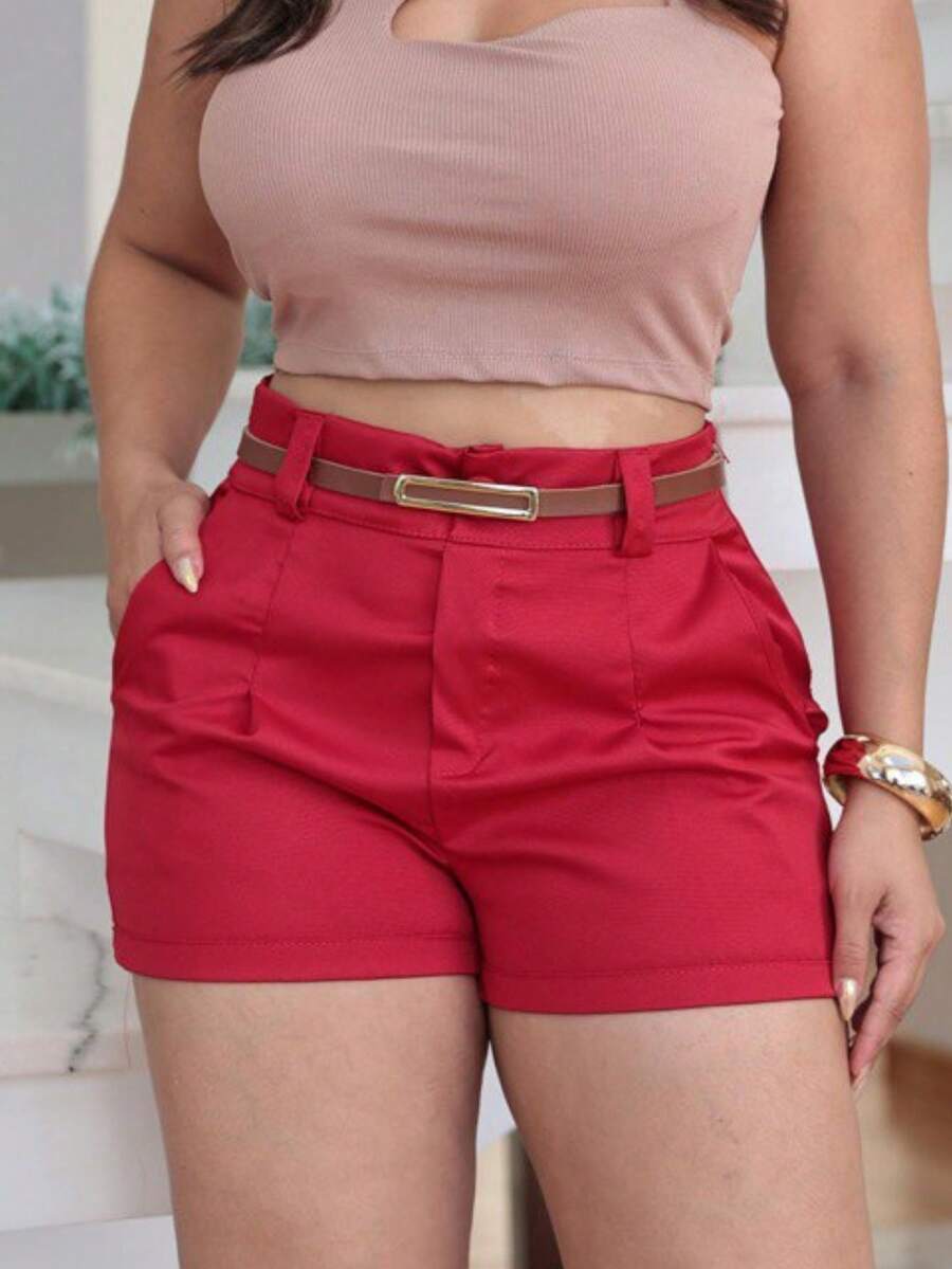 Women's Shorts With Tailored Belt Fashion Launch - 紅色 - 查看 1