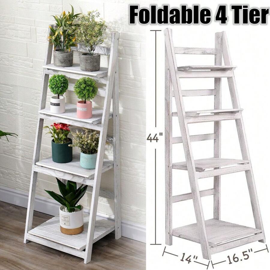 Foldable Ladder Bookshelf Rack 4 Tier Vintage Plant Stand Display Shelf Storage - 1 - 查看 1