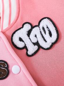 2pcs/Set Girl Letter Print Fake Pocket Long Sleeve Jacket + Skirt Outfit, For 4-7 Years Old, Autumn/Winter - Pink - View 4