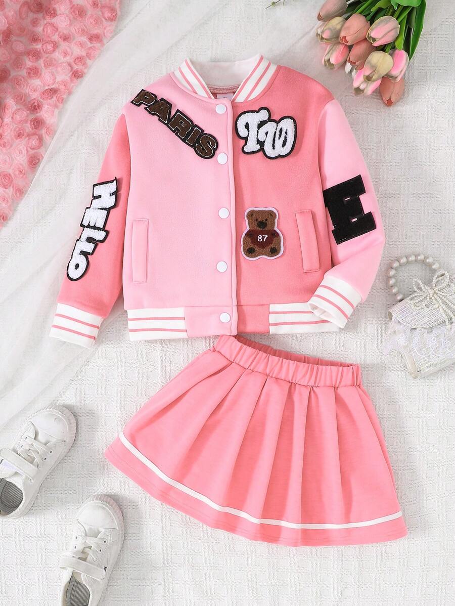 2pcs/Set Girl Letter Print Fake Pocket Long Sleeve Jacket + Skirt Outfit, For 4-7 Years Old, Autumn/Winter - Pink - View 1