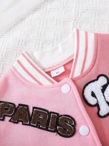 2pcs/Set Girl Letter Print Fake Pocket Long Sleeve Jacket + Skirt Outfit, For 4-7 Years Old, Autumn/Winter - Pink - View 3