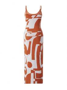 Women Knitted Dress, Color Patchwork Sleeveless Scoop Neck Strappy Bodycon One-Piece For Ladies, S/M/L - Orange - View 9