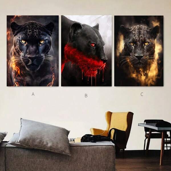 1pc/3pcs Set Black Leopard In Flames - Wild With Blood After Hunting,Modern Canvas Art,Living Room & Bedroom Wall Decor,Fashionable Home And Room Decoration,NO Frame/Framed