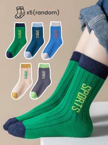 5 双装男童时尚条纹和拼色中筒袜 - 透气混纺，舒适休闲中筒袜，适合所有季节 - 彩色 - 查看 1